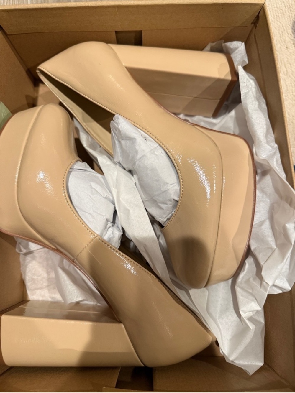 Jessica Simpson Nude Patent Platform Pumps with Block Heel